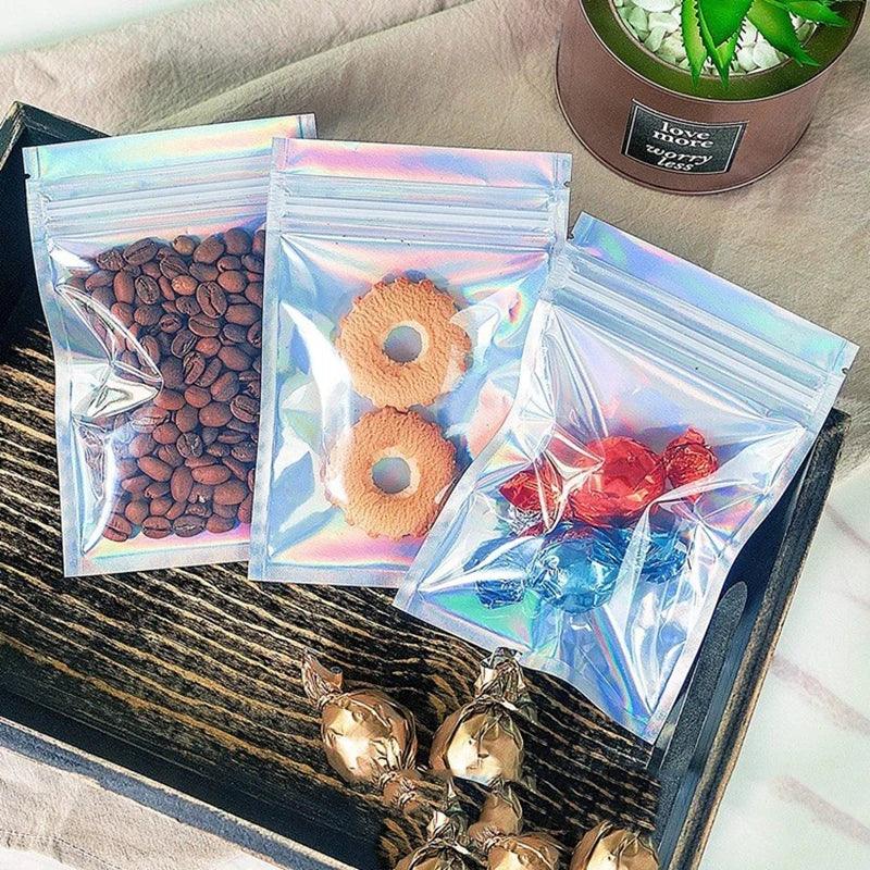 50pcsThick Smell Proof Mylar Bags Holographic Laser Color Plastic Packaging Pouch Jewelry Retail Storage Pouch Gift Zip Lock Bag