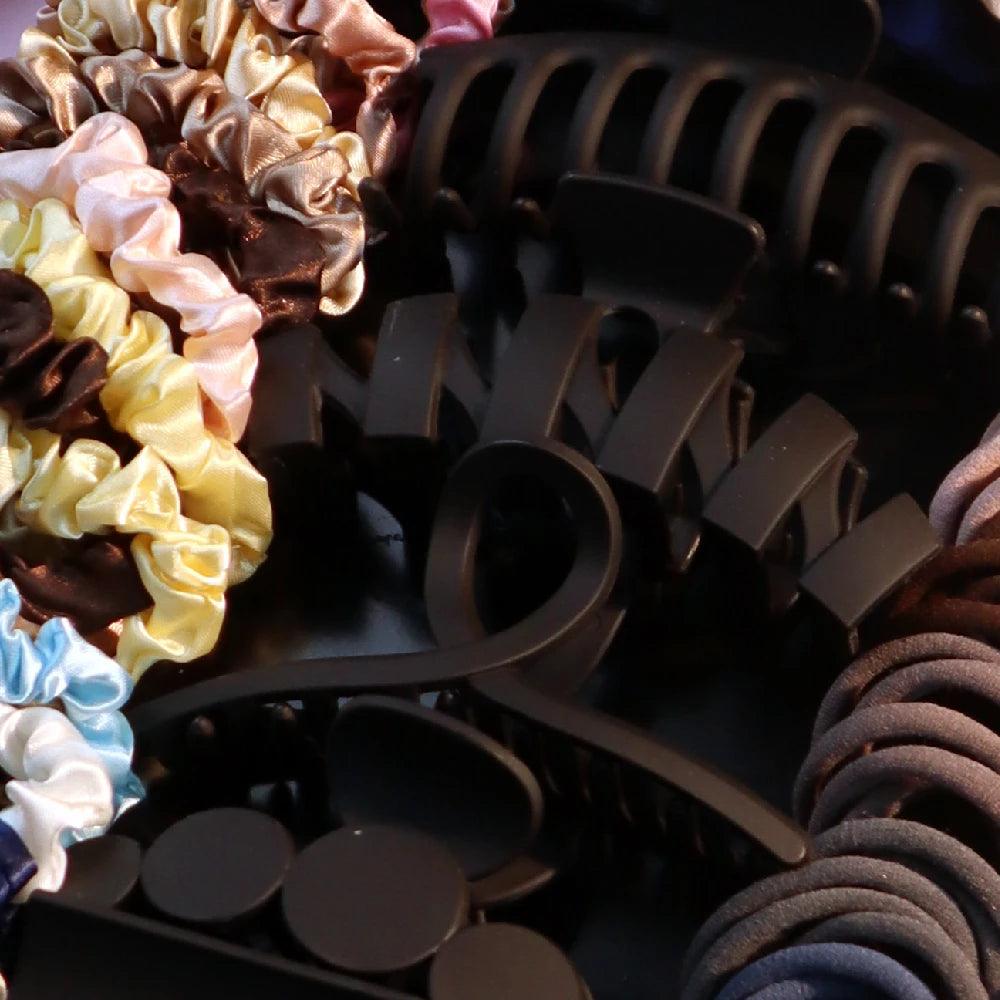 Fashionable Dark Color Big Hair Accessories for Woman Set Ponytail Holders Variety Hair Clips Hair Scrunchies HairBands Scrunchy