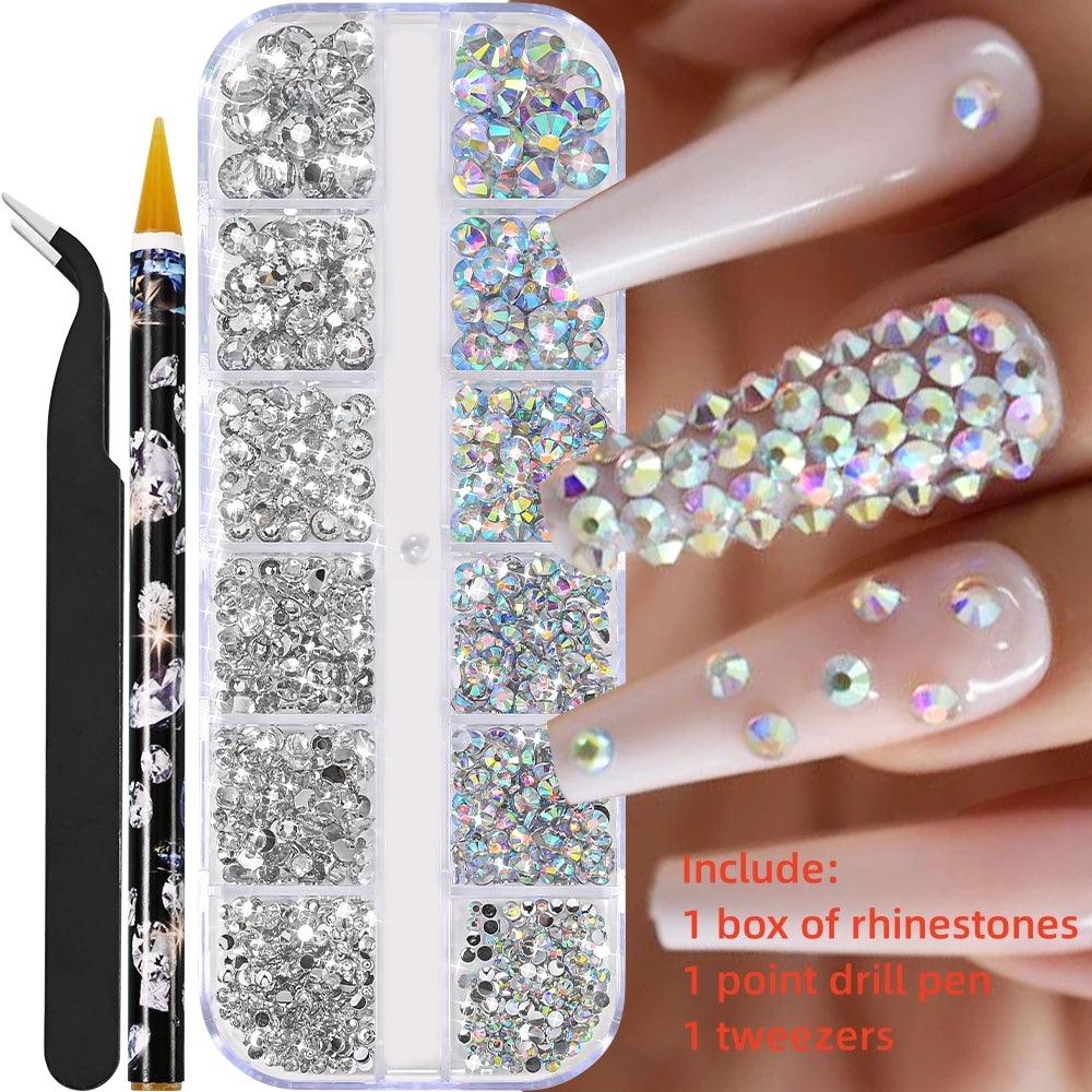 12Gird 3D Glass AB Crystal Nail Art Rhinestones Kit Flatback Round Bead Charm Gem Stones Jewelry Diamond with Tools for Nail Art