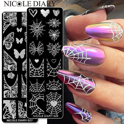 NICOLE DIARY Heart Spider Web Nail Stamping Plates Halloween Heart Line Printing Stencil Nail Arts Tool Nails Decorations Design