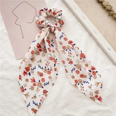 Floral Print Bow Satin Long Ribbon Ponytail Scarf Hair Tie Scrunchies Women Girls Elastic Hair Bands Hair Accessories