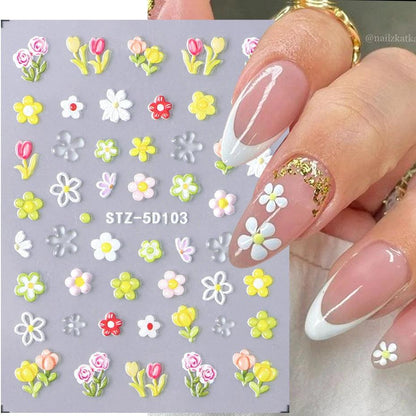 5D Belt Nail Sticker Summer Nail Art Decals Flowers White Daisy 3D Manicure Nail Gel Self Adhesive Stickers Designs Decorations