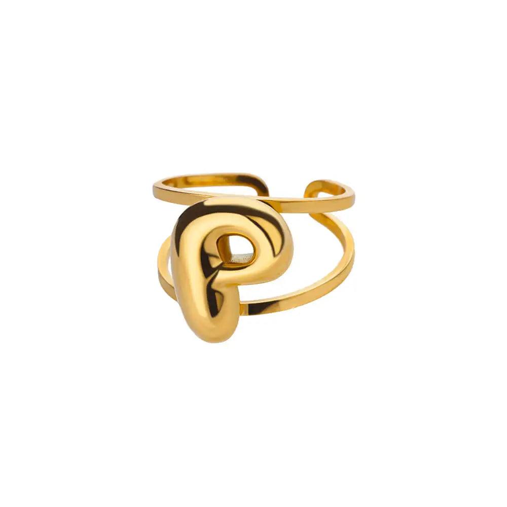 Gold Color A-Z Letter Alphabet Rings for Women Gothic Double Layer Thick Initial Letter Femme Ring Stainless Steel Jewelry Gift