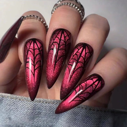 24pcs Halloween Spider Fake Nail Patch Printed French Coffin Ballet Fake Nail Wearable Full Cover Artificial Nail Tips for Girls