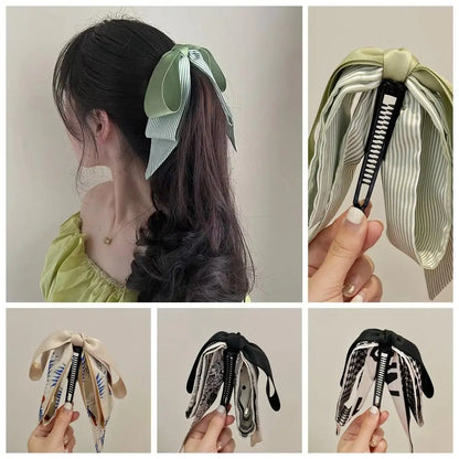 Korean Style Bow Banana Clip Fashion Ribbon Headwear Vertical Clip Headdress Hairpin Bowknot Hair Clip Ponytail Holder