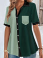 Plus Size Casual Blouse, Women's Plus Colorblock Button Up Short Sleeve Turn Down Collar Blouse