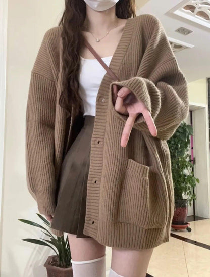 V-neck Single Breasted Sweater Cardigan Women's Coat Spring Autumn Korean Loose Knit Top Women Clothing