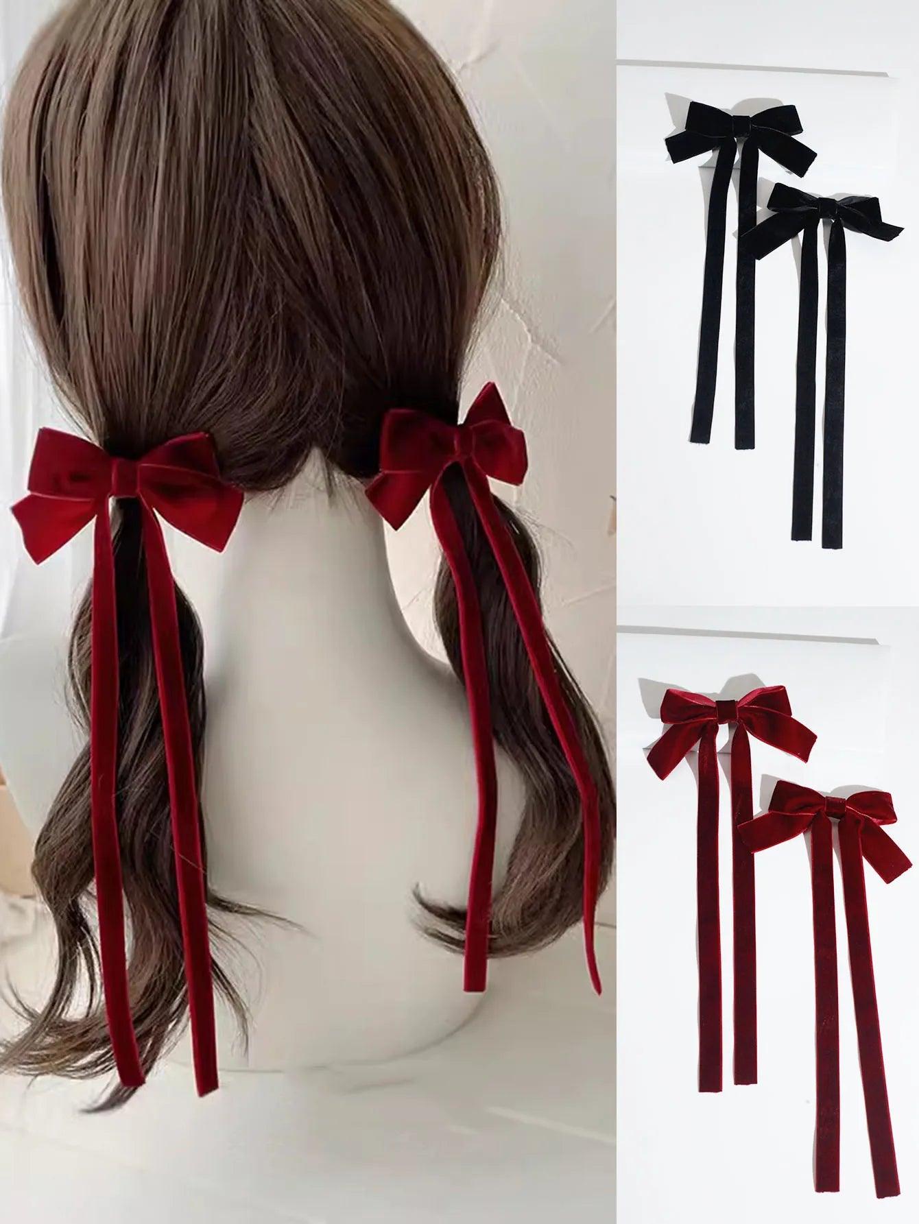 Lystrfac 2Pcs/Set Women Velvet Hairpin Bow Long Ribbon Hair Clip Fashion Vintage Barrettes Duckbill Clip Hair Accessories