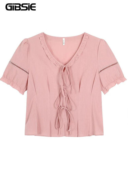 GIBSIE Plus Size French romantic pink v-neck pleat top Women's summer short puff sleeve tie front sweet ladies blouses