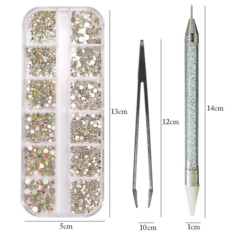 12 Grids Multi Sizes Nail Rhinestones Set Crystal AB Clear Gems with Crystal Pen Clips for DIY Nail Art Decorations