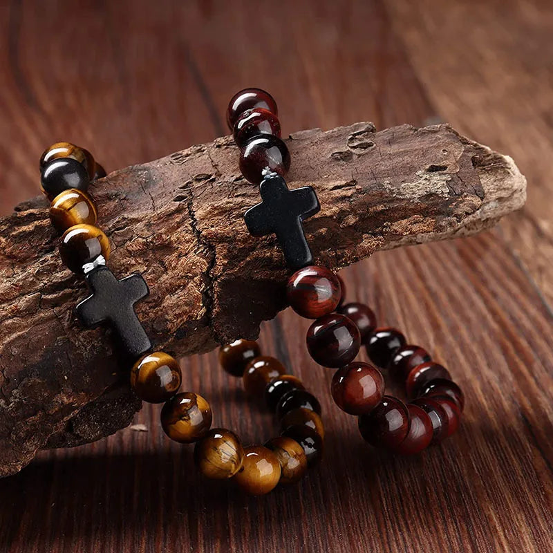 Prayer Men Natural Stone Wood Beads Rosary Hematite Cross Bracelets Onyx Meditation Bracelet Women Yoga Jewelry Homme Pulsera