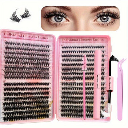 640Pcs Eyelash Extension Kit 304050D Lash Clusters D Curl 9-16mm Individual Lashes Kit with Bond and Seal, Tweezers and Brush