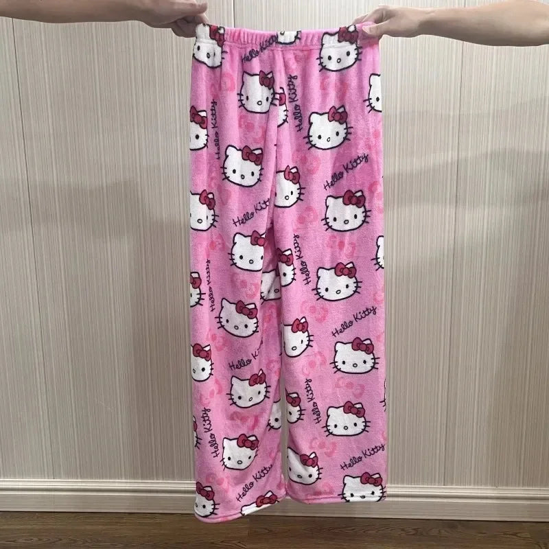 Sanrio Hello Kitty Y2k Kawaii Anime Flannel Pajamas Women'S Warm Woolen Cartoon Casual Home Pants Autumn Winter Fashion Trousers