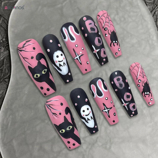 Handmade Halloween Press on Nails Pink Black Long Coffin Fake Nails White Ghost Black Cat Spider Star Designs Party Nails Patch