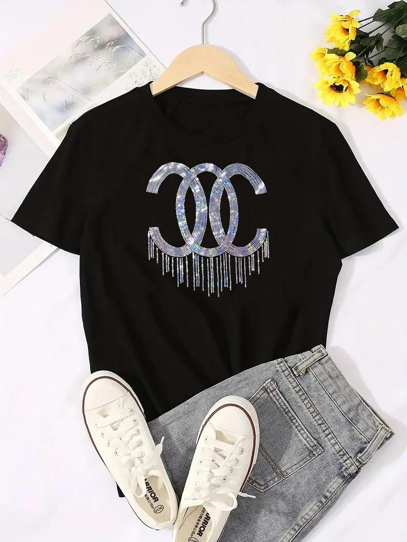 Fashion Women Sequins T-shirt Short Sleeve O-neck Elastic Loose Tees Plus Size Spring Summer Lady Oversize Tops 2024