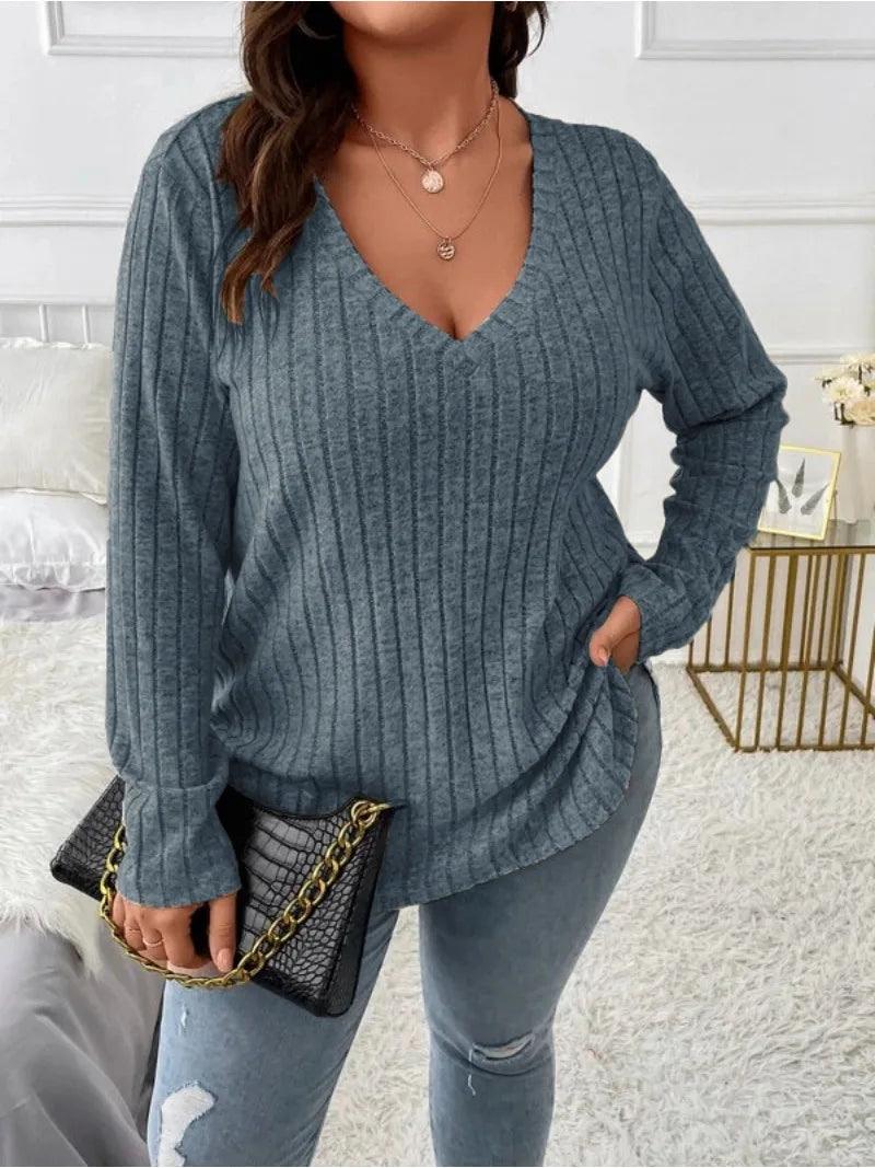 Women's Fashionable Solid Color Top V-neck Long Sleeved Pit Stripe Matte T-shirt Loose Fitting Fitting