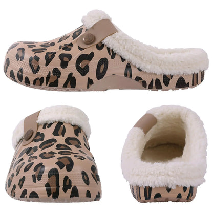 Bebealy Casual Women Garden Shoes Warm Fluffy Men Slippers Winter Waterproof Outdoor Antiskid Slippers Classic Leopard Slippers