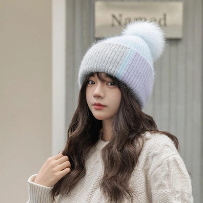 2024 New Rabbit Fur Beanies Soft Warm Fluffy fur pompom Winter Hat for Women Angora Knitted Hat Skullies Female Bonnet Knit Cap