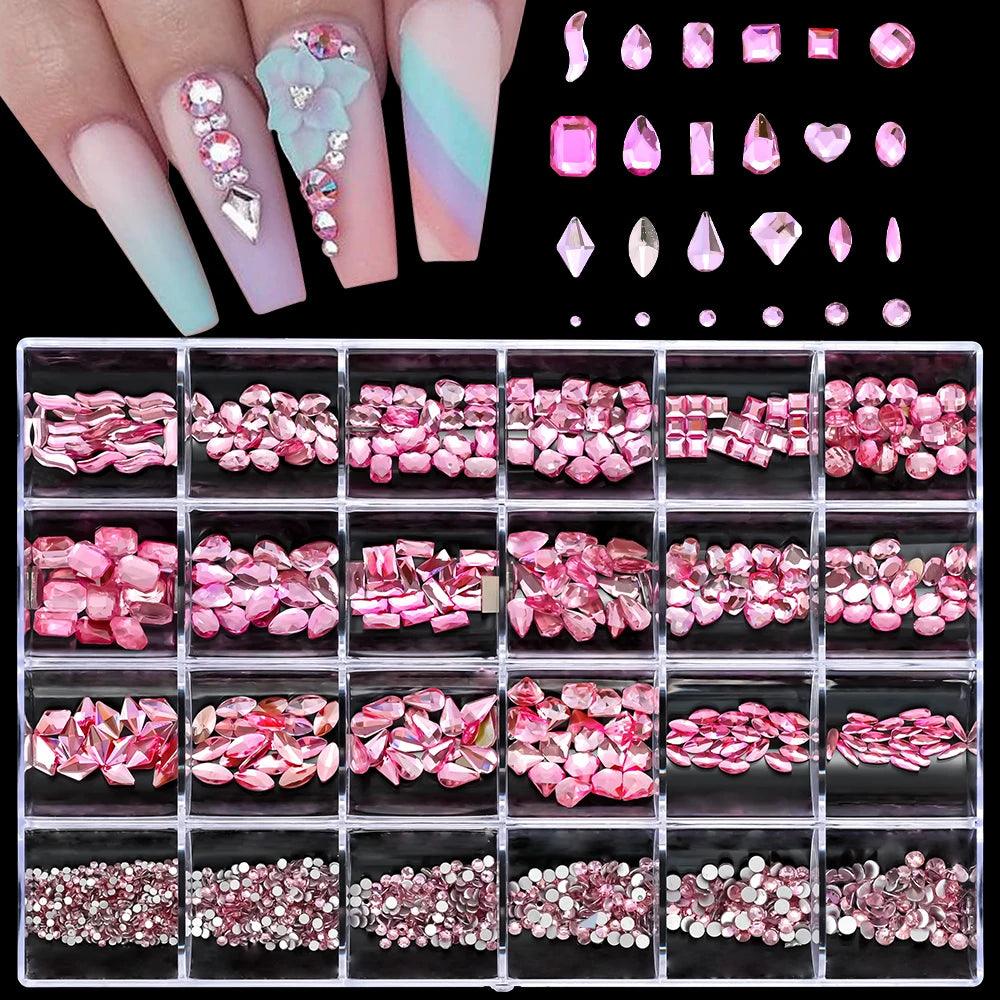 Nail Decoration Set with 1 Boxes 240Pcs Nail Art 3D Rhinestones Big Mix Sizes 3D Crystal Diamonds Metal Charms Gems Stones ,M(1)