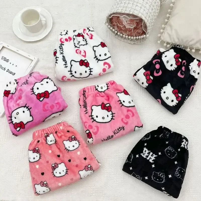 Sanrio Hello Kitty Y2k Kawaii Anime Flannel Pajamas Women'S Warm Woolen Cartoon Casual Home Pants Autumn Winter Fashion Trousers