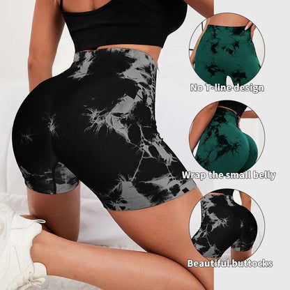 Seamless Tie Dye Style High Waist Quick Dried Fitness Triple Pants Honey Peach Hip Lift Yoga Sports Tight Shorts