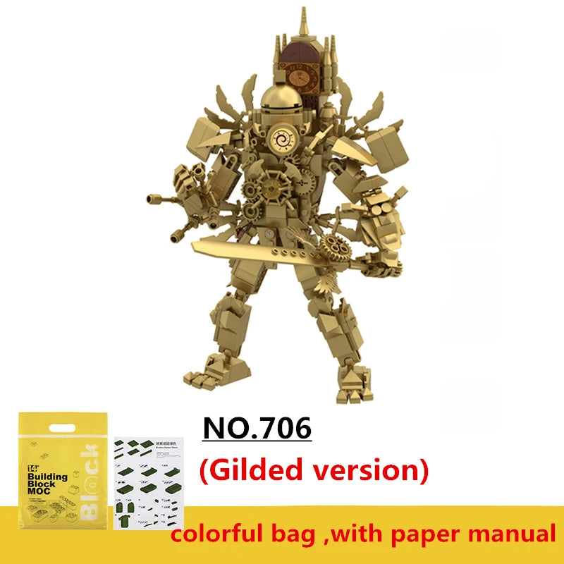 2.0 MOC Titan Series Skibidi Toilet Building Blocks Set Creative Gold Clock Man With Sword DIY Bricks Toys For Kids Xmas Gifts