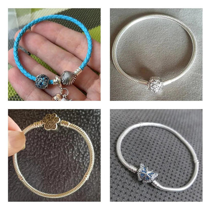 Blue 925 Sterling silver Seashell Clasp Turquoise Braided Leather Bracelet for Women Fit Original Charm Beads DIY Making Gift