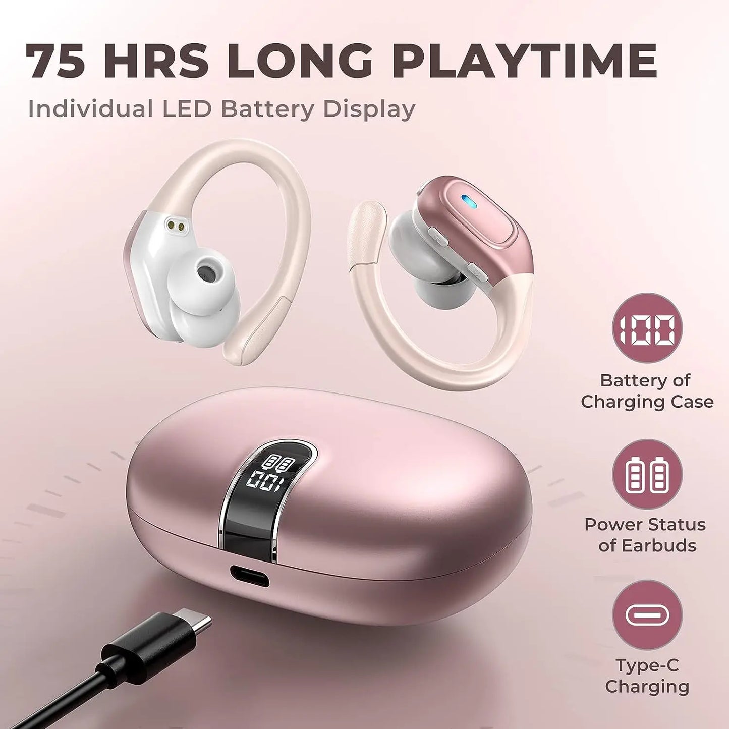 TWS Wireless Bluetooth Headset Noise Cancelling HD Call Earbuds HiFi Music Earphone, With Earhooks Sports Waterproof Headphones