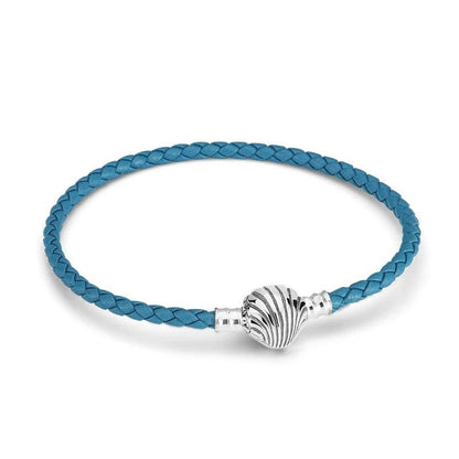 Blue 925 Sterling silver Seashell Clasp Turquoise Braided Leather Bracelet for Women Fit Original Charm Beads DIY Making Gift