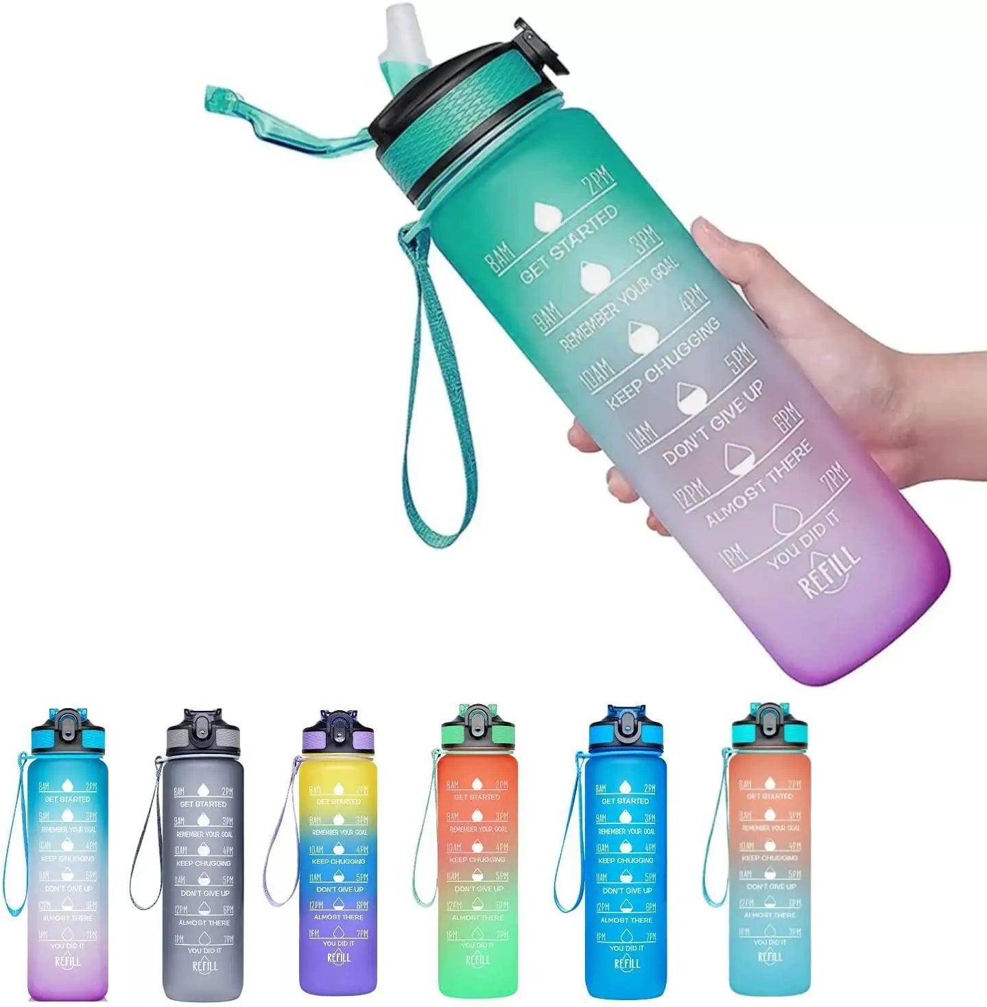 1pc 1000ml Large Capacity Gradient Water Bottle,Water Bottle with Straw 1 Litre Leakproof with Time Marker,for Sports Fitness