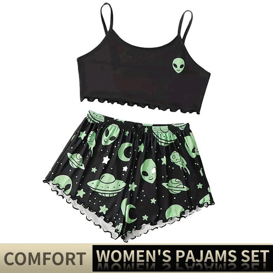 Women Pajamas Sleepwear Pajama Set Sports Camisole And Shorts S M L Black Starry Sky Cartoon Print Ventilate Casual