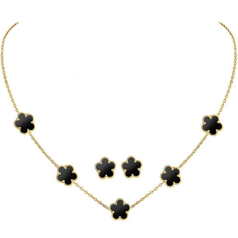 Double Sided Plant Flower Design Jewelry Set  for Women Girls Stainless Steel Elegant Clover Pendant Necklace Earrings Bracelet