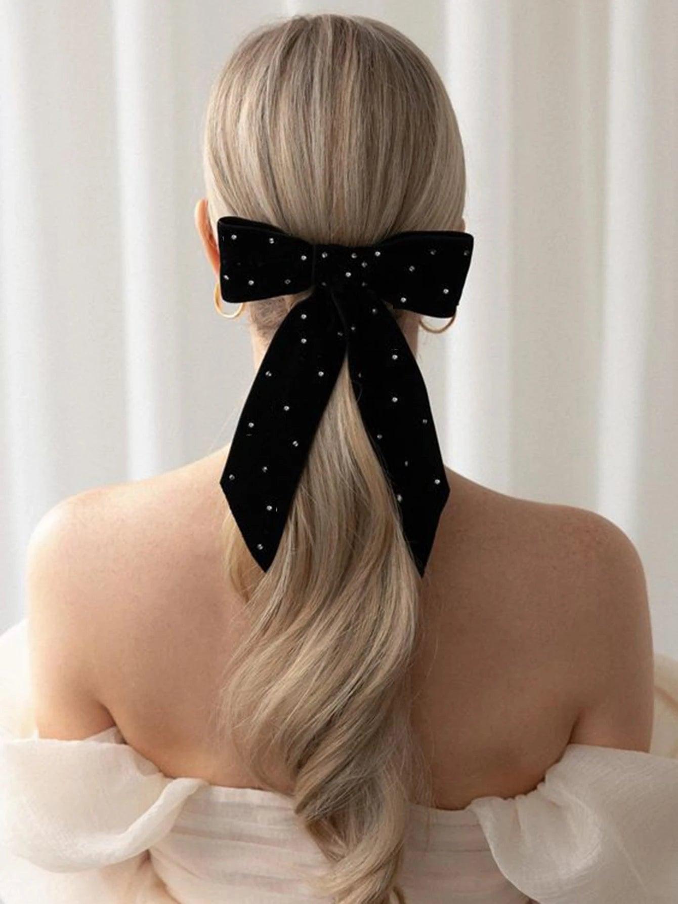 Lystrfac Vintage Rhinestone Velvet Black Hair Bow For Women Hairpin Simple Fashion Top Clip Ladies Hairgrips Hair Accessories