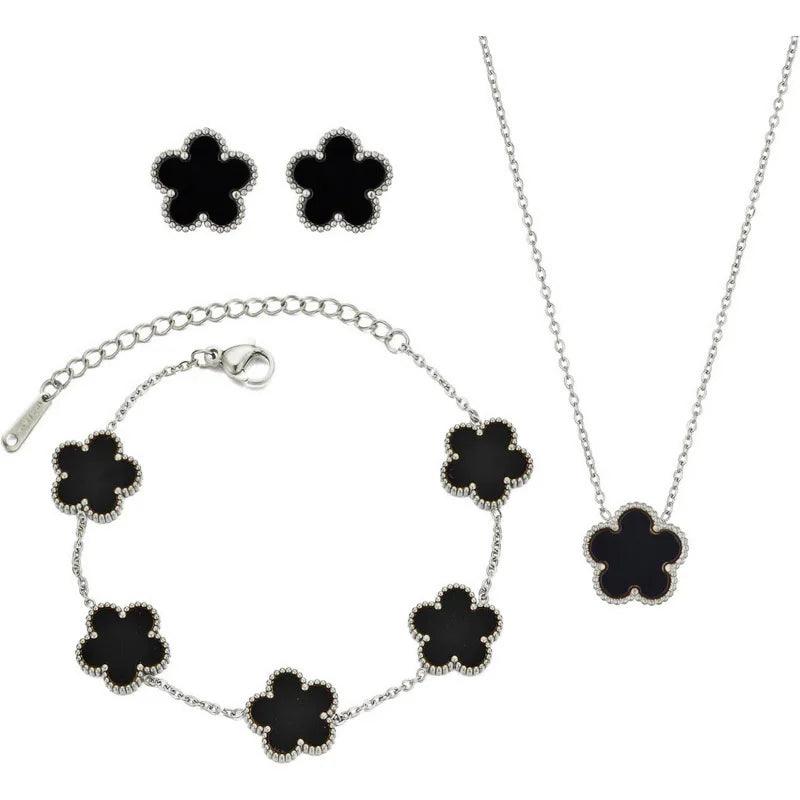 Double Sided Plant Flower Design Jewelry Set  for Women Girls Stainless Steel Elegant Clover Pendant Necklace Earrings Bracelet