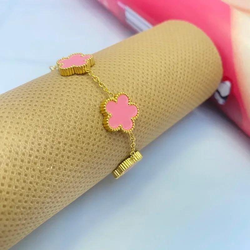 Double Sided Clover Bracelet for Women 14K Gold Plated Stainless Steel Lucky Five Leaf Link Bracelets Wrist Jewelry Lovely Gift