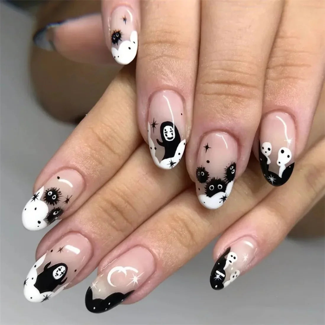 24pcs Artificial Acrylic Nail Art Fake Nails Full Coverage Removable Press on Nails Halloween Pumpkin Skull Moon False Nail Tip