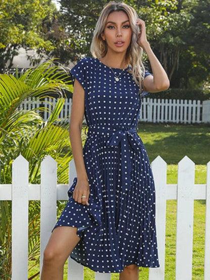 2022 New Summer Polka Dots Sleeveless Pleated Dresses For Women High Waist Midi Elegant Office Green Lady Dinner Party Clothes