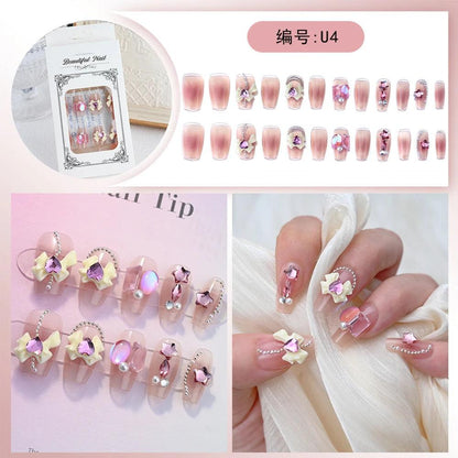 24Pcs Pink Full Diamond Press on Nail Tips Handmade 3D Design Rhinestones Full Cover False Long Coffin Nail Woman DIY Fake Nails