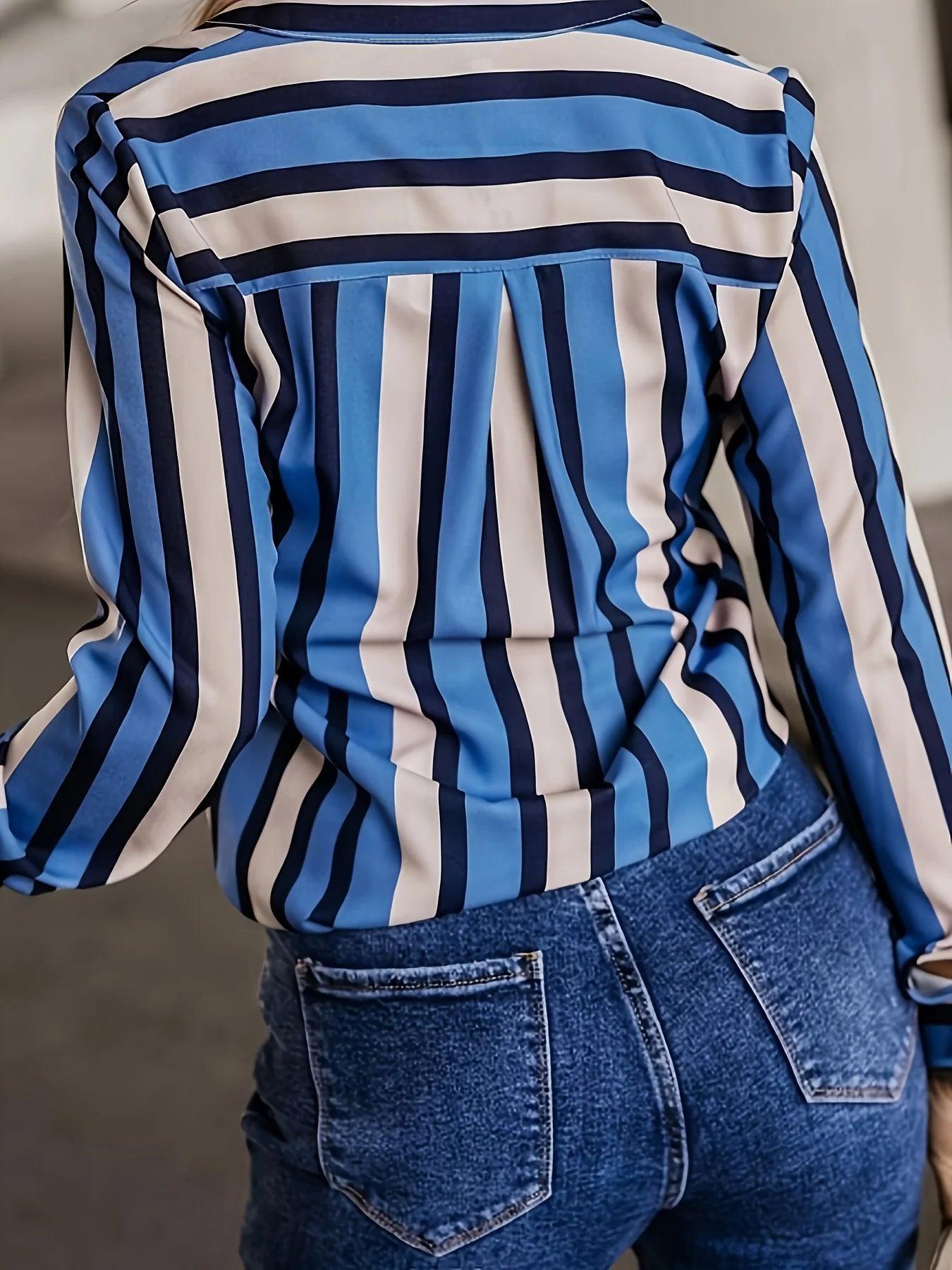 Plus Size Casual Blouse, Women's Plus Stripe Print Long Sleeve Button Up Lapel Collar Shirt Top