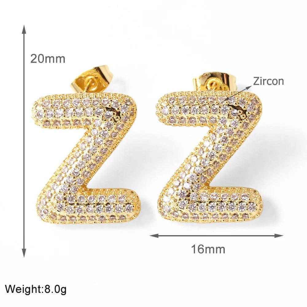 FLOLA Clear Crystal Bubble Letter Earrings for Women Copper Gold Plated Initial Ear Studs Name Jewelry Gifts ersa009