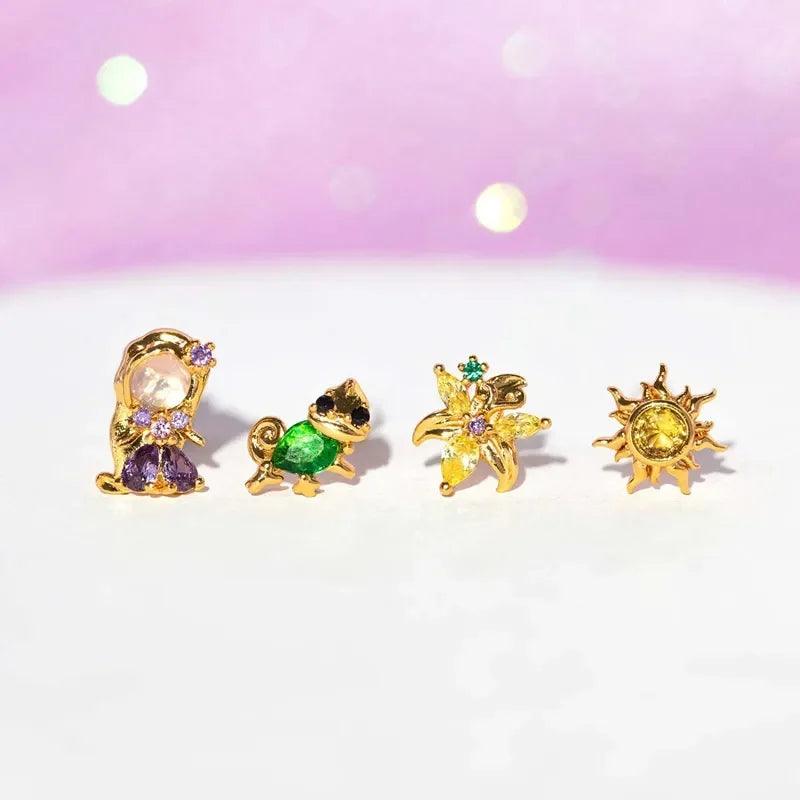 4pcs/set Small Cartoon Sweet Princess Stud Earrings Gold Color Women Girls Cubic Zircon Gift Jewelry