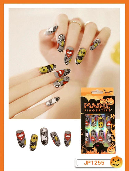 24pc/set Fashion Almond Press On Nails Art Halloween Black Ghost Design Fake Nail Pumpkin Castle Pattern Glossy False Nails Tips