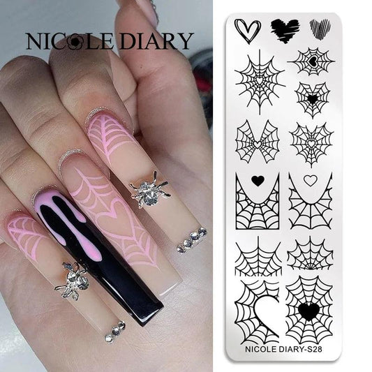 NICOLE DIARY Heart Spider Web Nail Stamping Plates Halloween Heart Line Printing Stencil Nail Arts Tool Nails Decorations Design