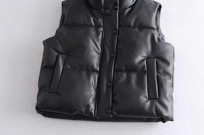 Autumn Winter PU Leather Coat Women Black Stand Collar Vests Women Fashion Zipper Elegant Short Vests Female Ladies