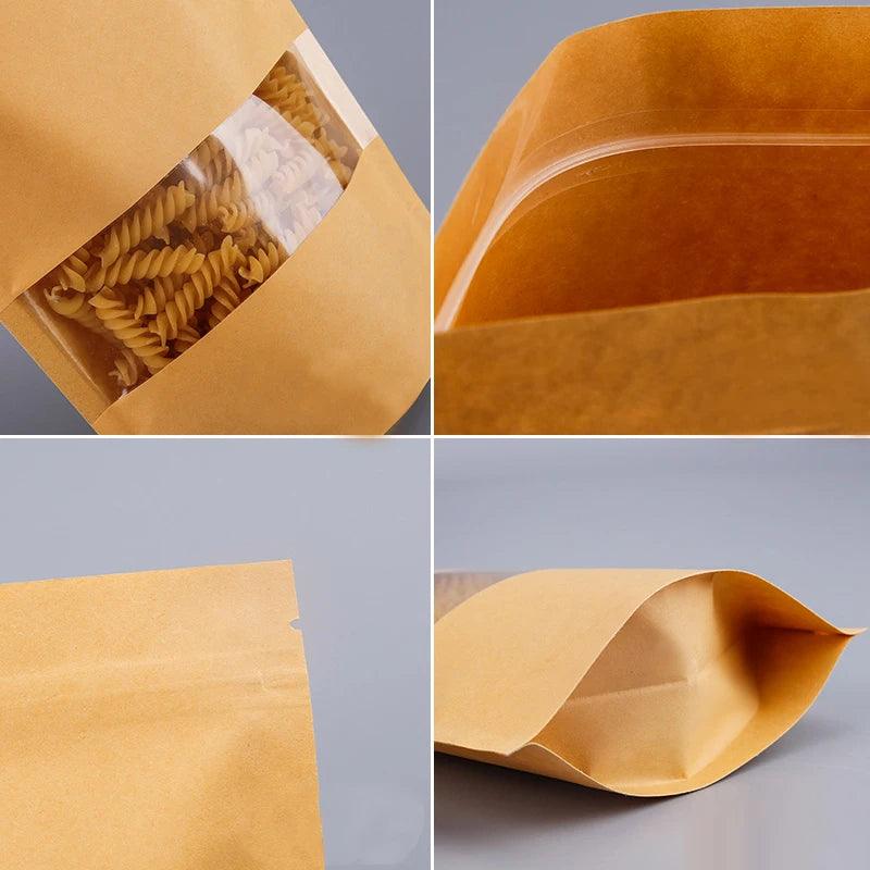 50PCS/LOT Craft Paper Zip Lock Bag With Window Gift Tea Packaging Food Stand Up Pouches Zipper Kraft Personal Custom LOGO