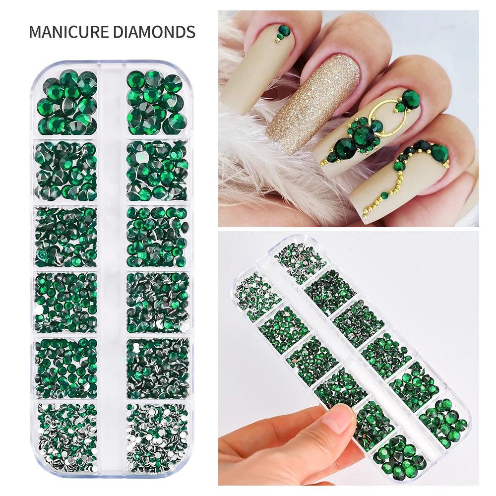 12Gird 3D Glass AB Crystal Nail Art Rhinestones Kit Flatback Round Bead Charm Gem Stones Jewelry Diamond with Tools for Nail Art