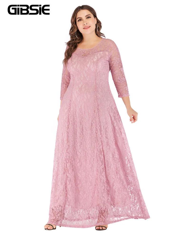 GIBSIE 6XL 5XL 4XL Plus Size Elegant Lace Dress Women O-Neck 3/4 Sleeve Long Maxi Dresses Ladies Prom Evening Party Dress