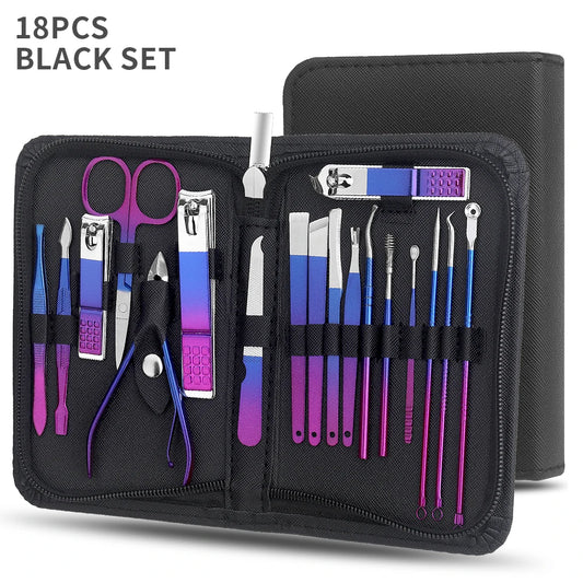 Manicure Set, Stainless Steel Gradient Professional Pedicure Kit Nail Scissors Grooming Kit With Travel Case