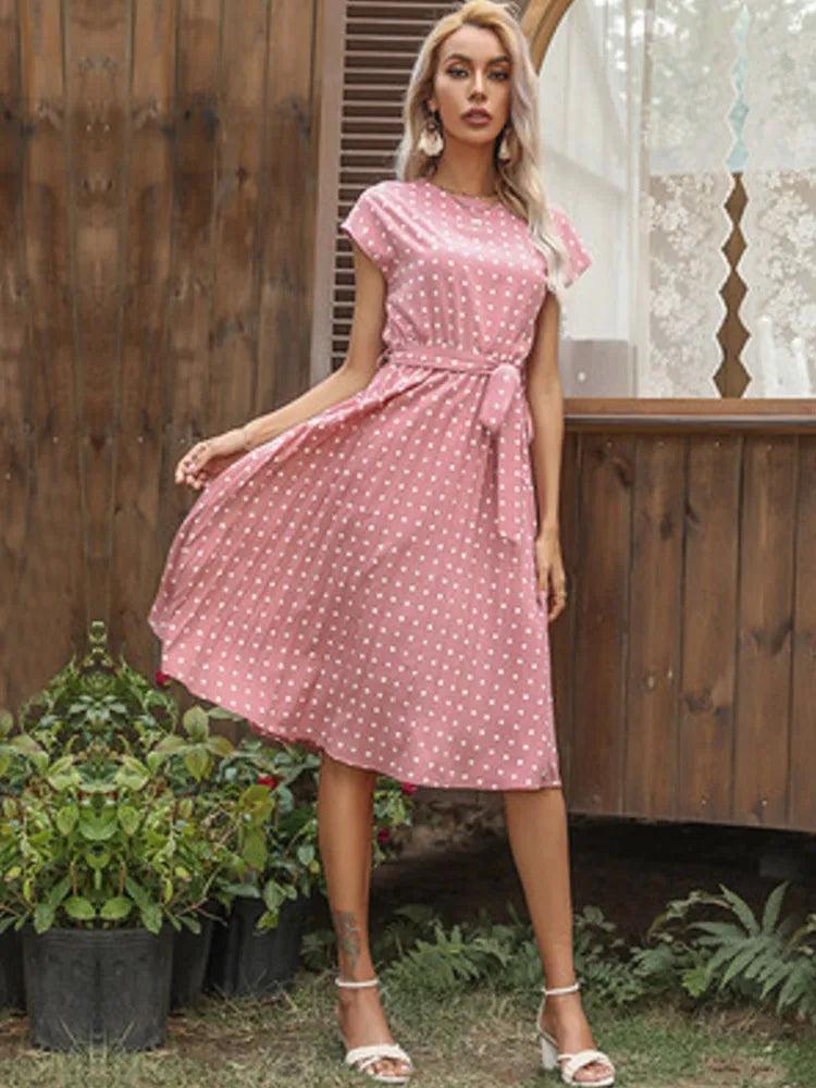 2022 New Summer Polka Dots Sleeveless Pleated Dresses For Women High Waist Midi Elegant Office Green Lady Dinner Party Clothes