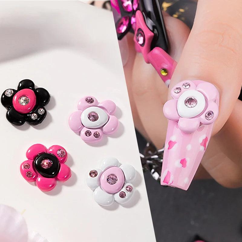 5pcs Pink Black Heart Star Flower 3D Nail Charms Y2K Style Inlaid Rhinestone Nail Jewelry Parts Nail Art Decoration